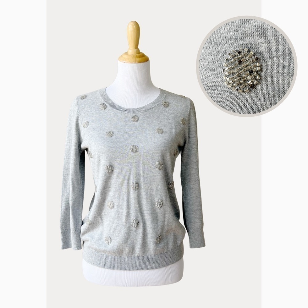 NWT Talbots Light Grey Beaded‎ Cozy Knit Sweater M Petite